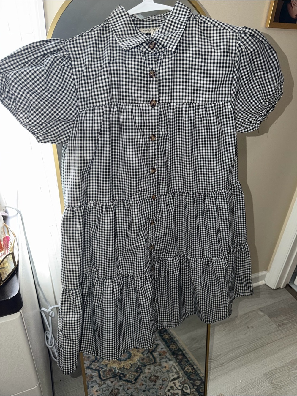 Black and White Gingham Tiered Mini Dress with Puff Sleeves